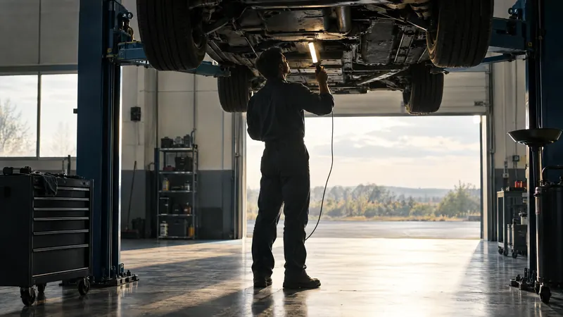 A mechanic inspecting the underside of a car on a lift