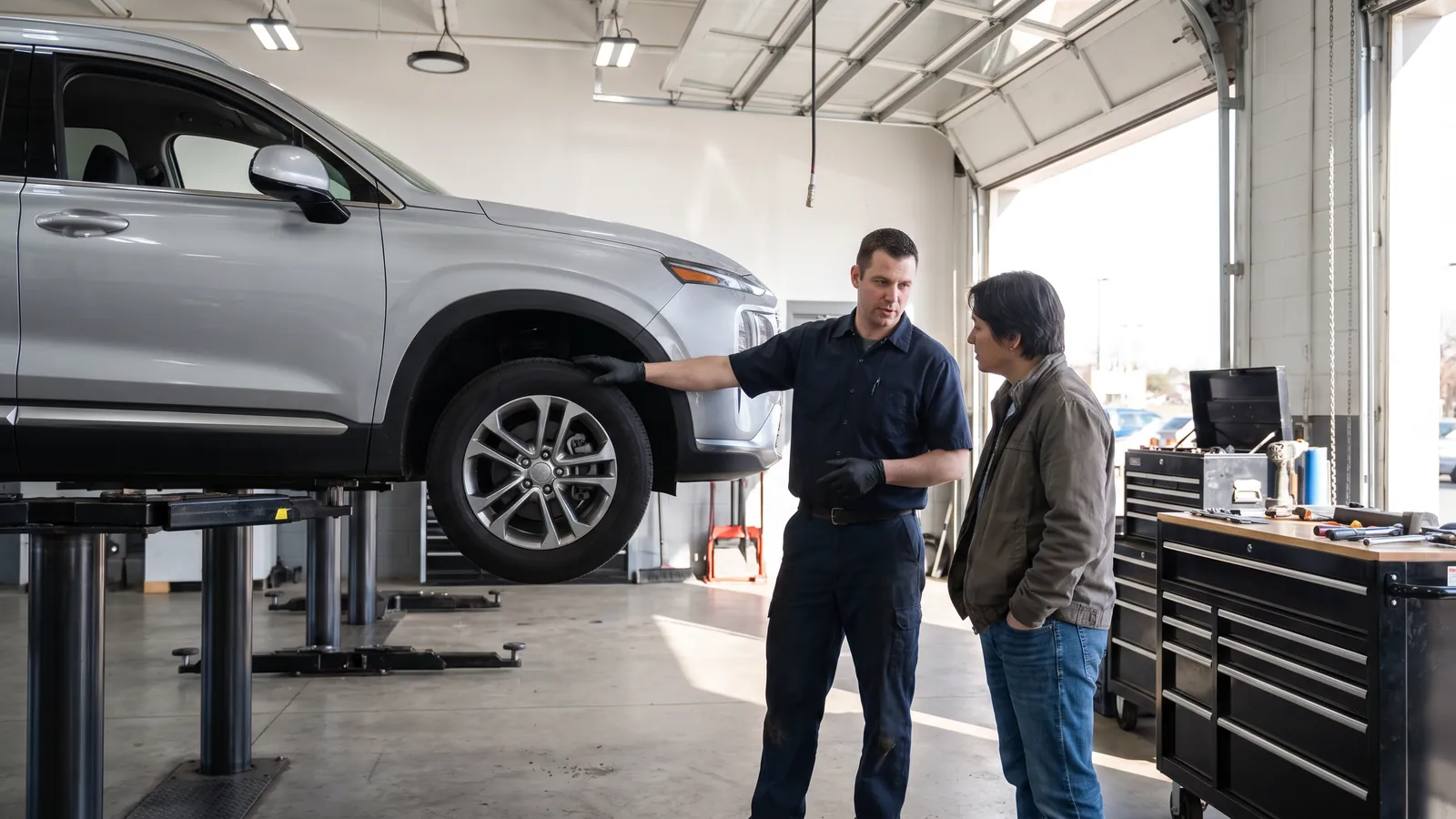 A mechanic inspecting the underside of a car on a lift