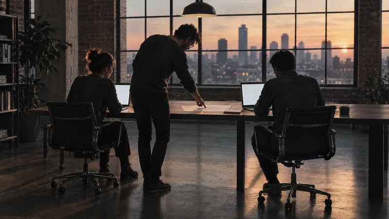 A software team working together at a long desk in an open loft office at dusk
