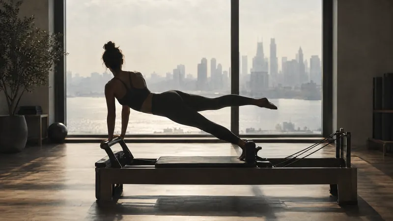 A woman holding a pilates pose on a reformer in a bright studio