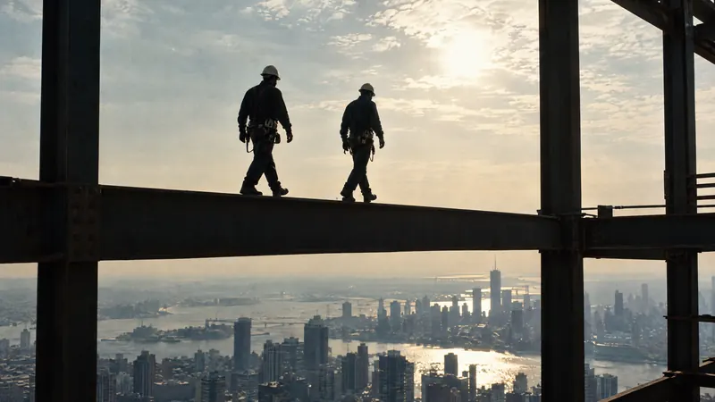 Two construction workers walking along a steel beam high above a city