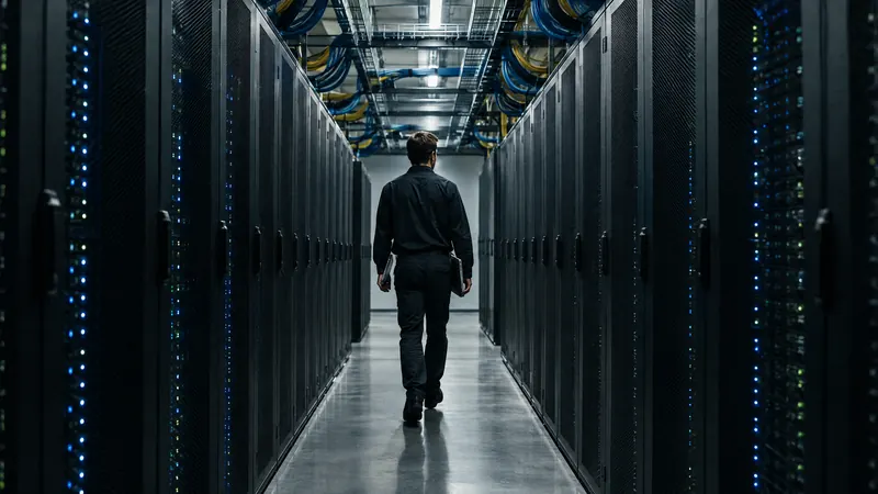 A technician walking down an aisle between server racks
