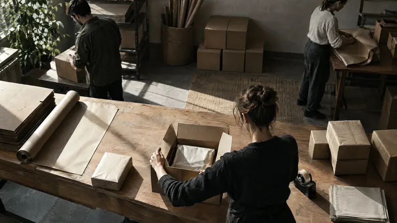 Hands packing a product into a cardboard box on a packing table