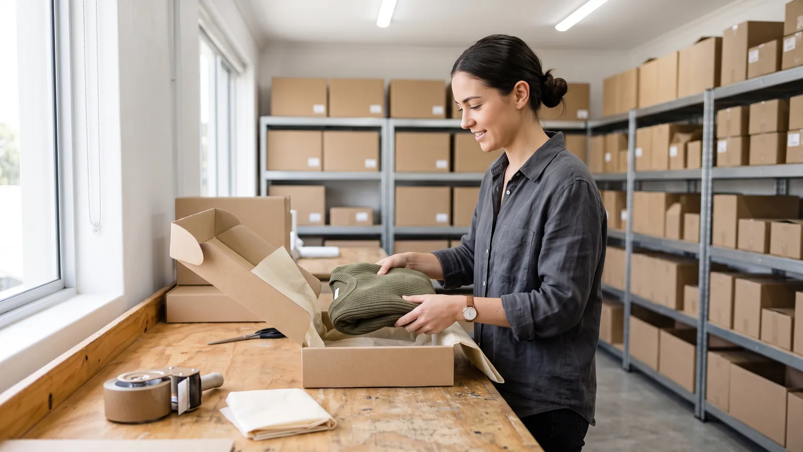 Hands packing a product into a cardboard box on a packing table
