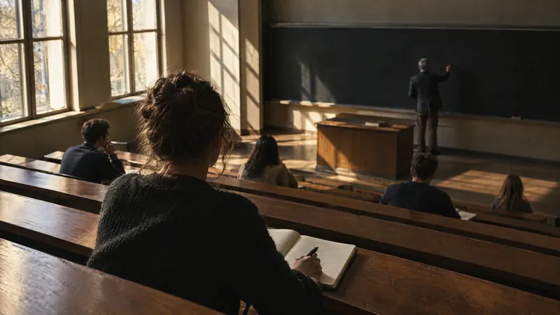 A student taking notes in a tiered lecture hall