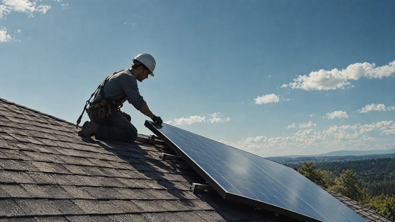 A technician installing a solar panel on a house roof