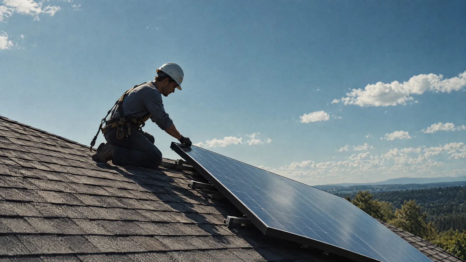 A technician installing a solar panel on a house roof
