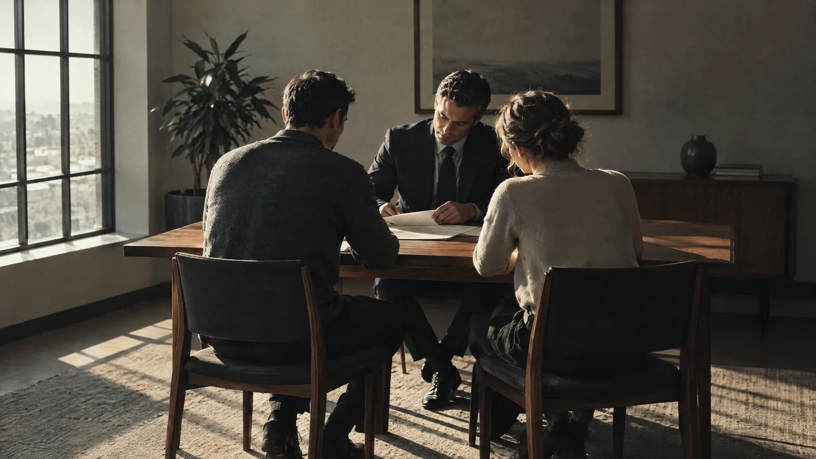 An advisor reviewing documents with a couple across a desk