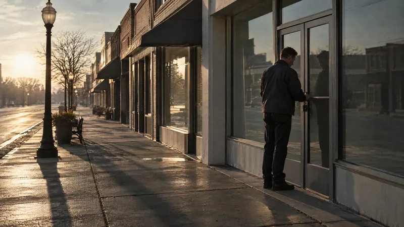 A store manager unlocking a storefront on a main street at dawn