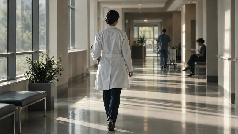 A clinician walking down a bright, quiet clinic corridor