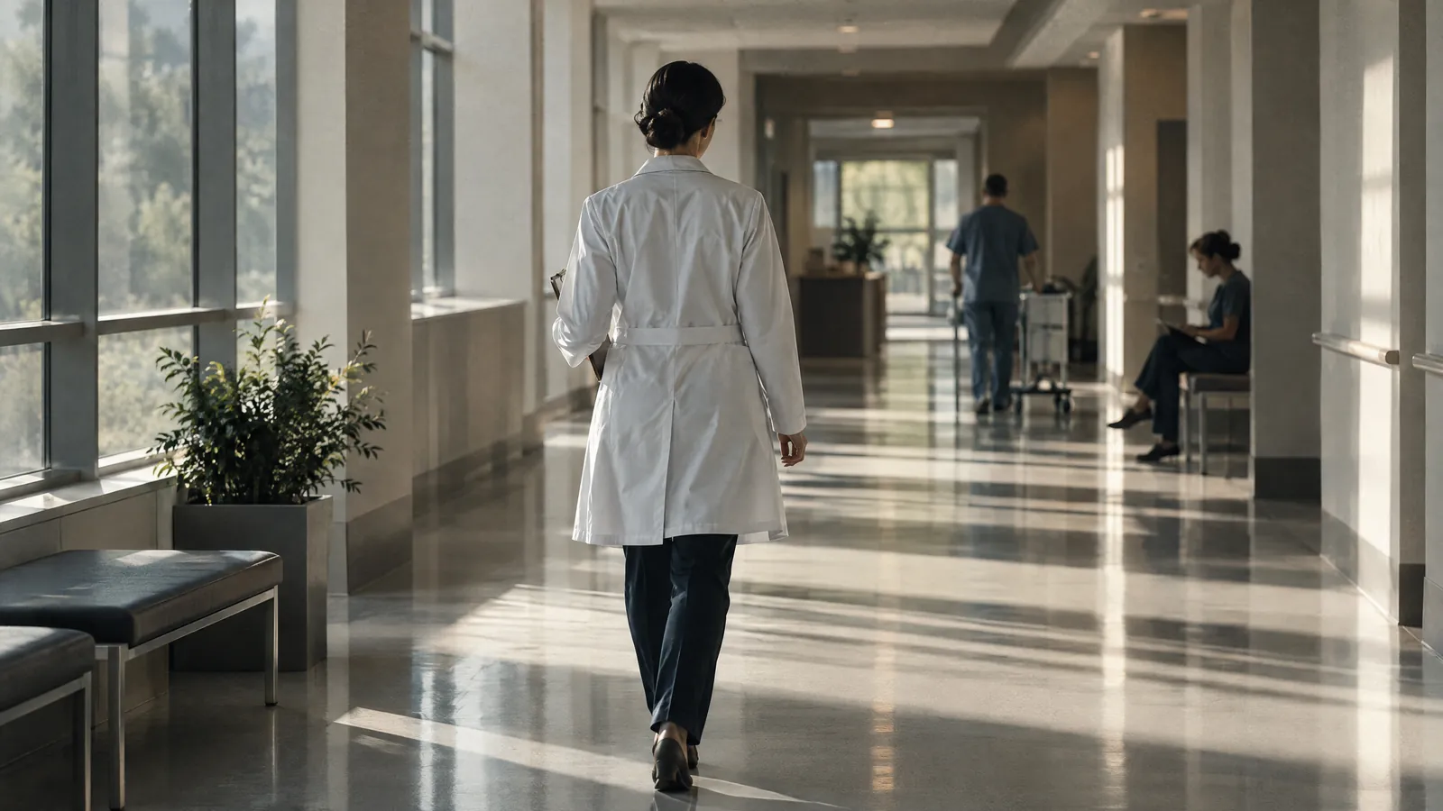 A clinician walking down a bright, quiet clinic corridor