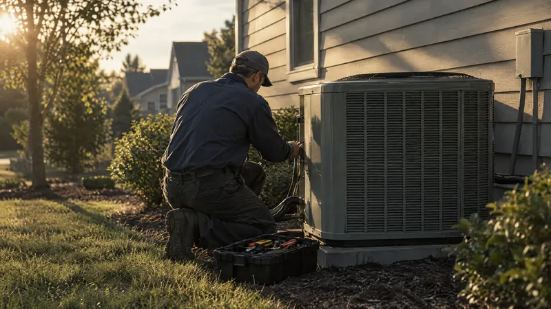 An HVAC technician servicing an outdoor heat pump beside a house