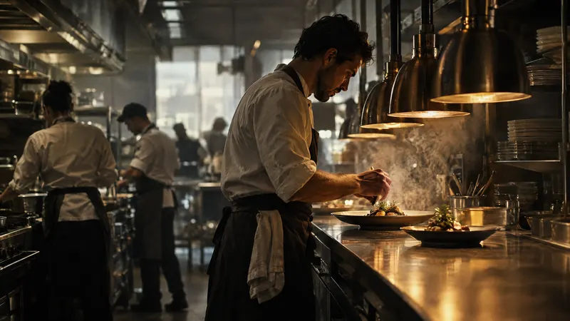 A chef plating a dish at the pass of a restaurant kitchen
