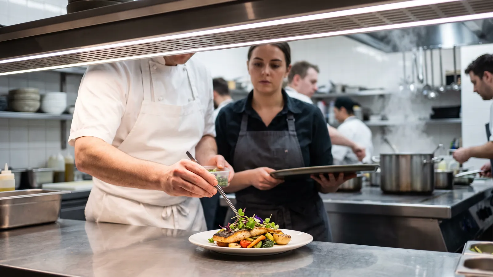 A chef plating a dish at the pass of a restaurant kitchen