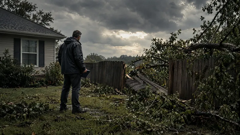 An insurance adjuster inspecting storm damage outside a house