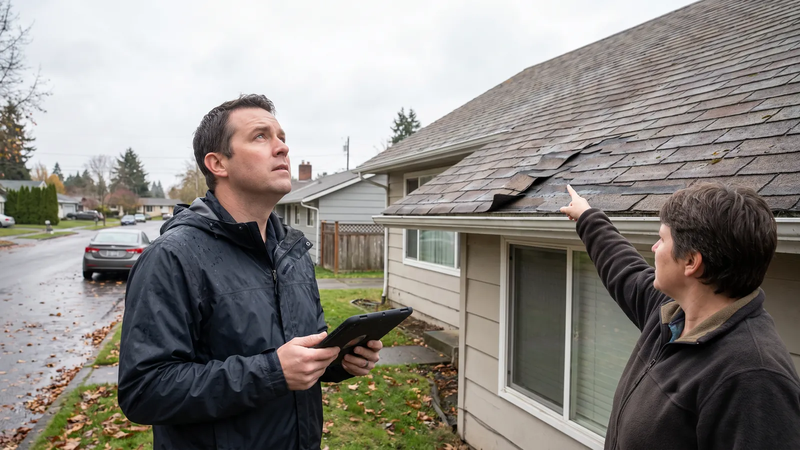 An insurance adjuster inspecting storm damage outside a house
