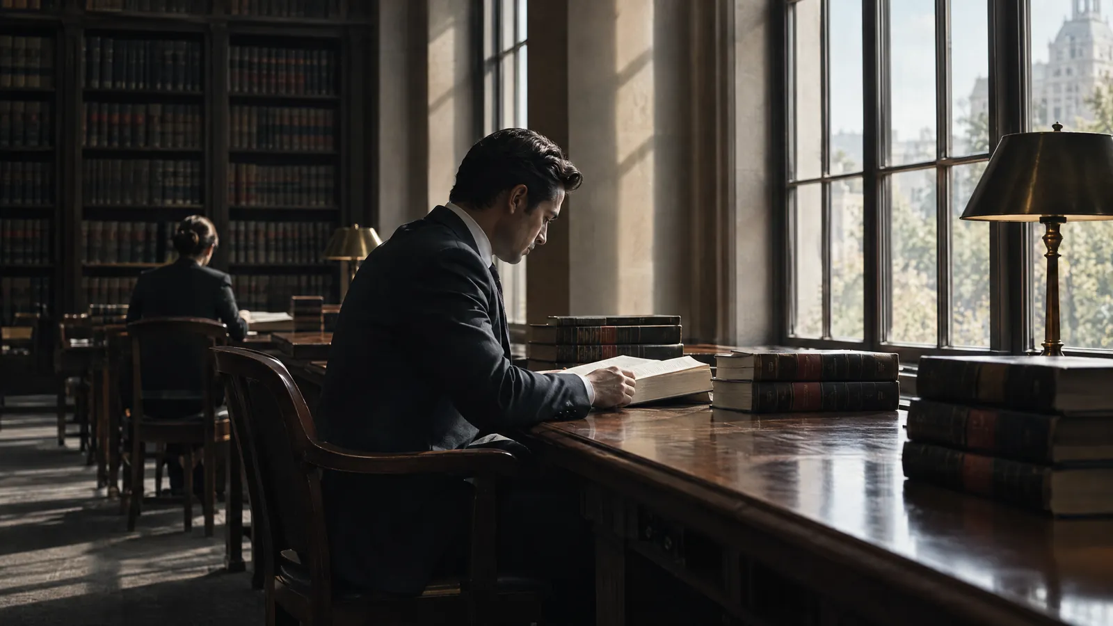 A lawyer reading at a library table stacked with law books