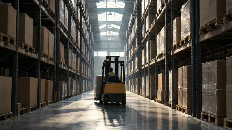 A forklift moving a pallet down a long warehouse aisle
