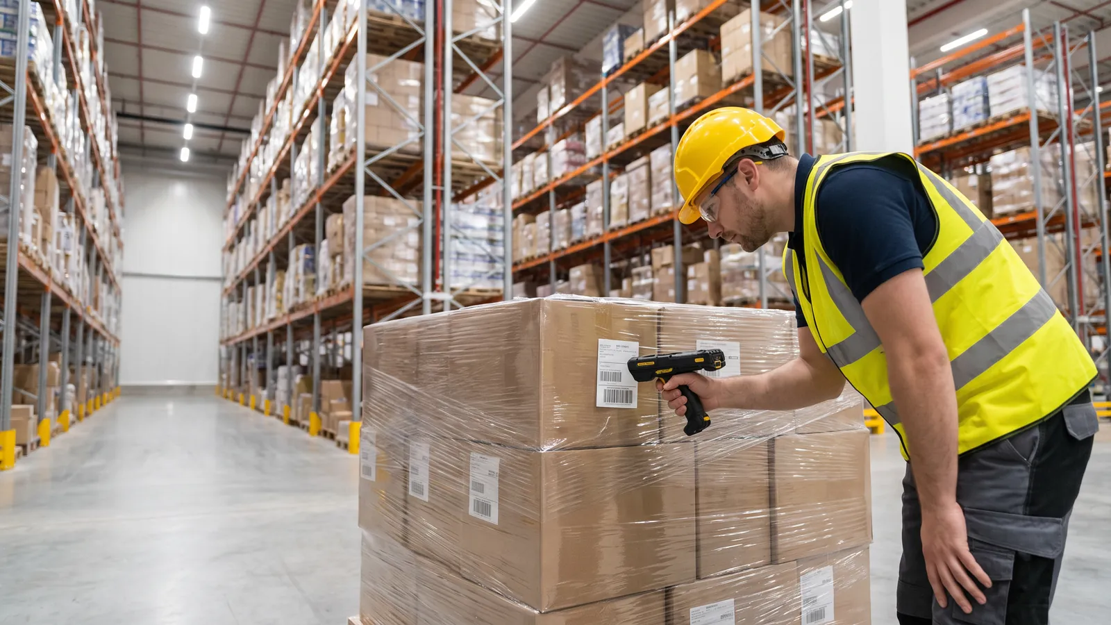 A forklift moving a pallet down a long warehouse aisle