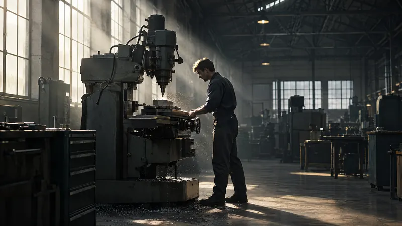 A machinist working at a milling machine in a sunlit factory hall