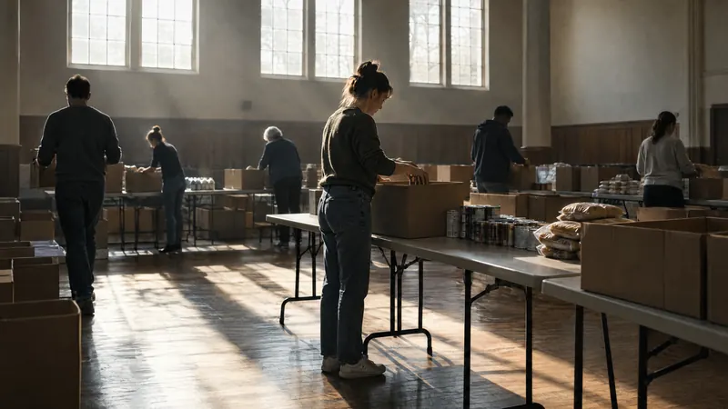 Volunteers sorting donated goods in a community hall