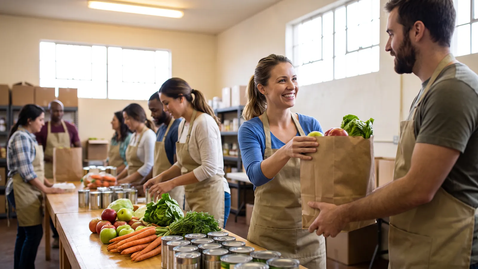 Volunteers sorting donated goods in a community hall