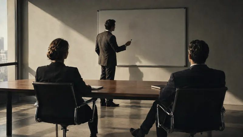 A consultant presenting at a whiteboard to two colleagues