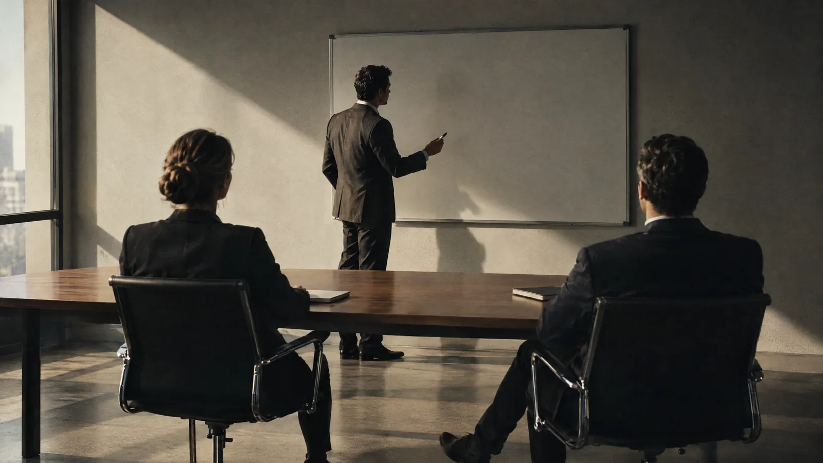 A consultant presenting at a whiteboard to two colleagues