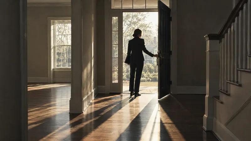 A real estate agent opening the front door of an empty, sunlit house