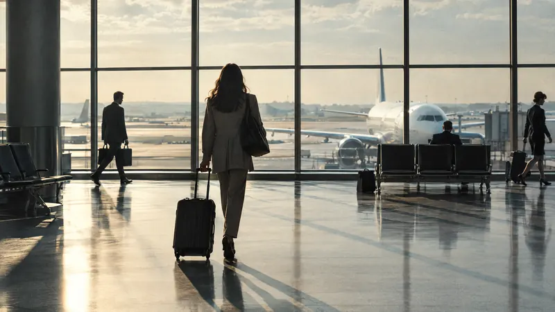 A traveler with a suitcase walking through a bright airport terminal