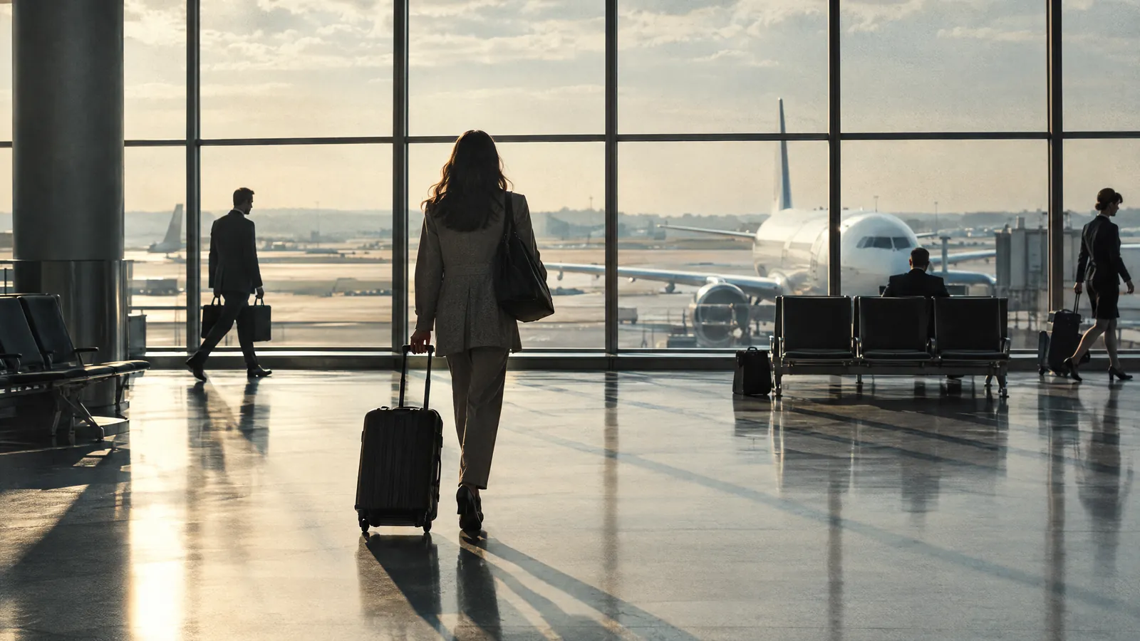 A traveler with a suitcase walking through a bright airport terminal